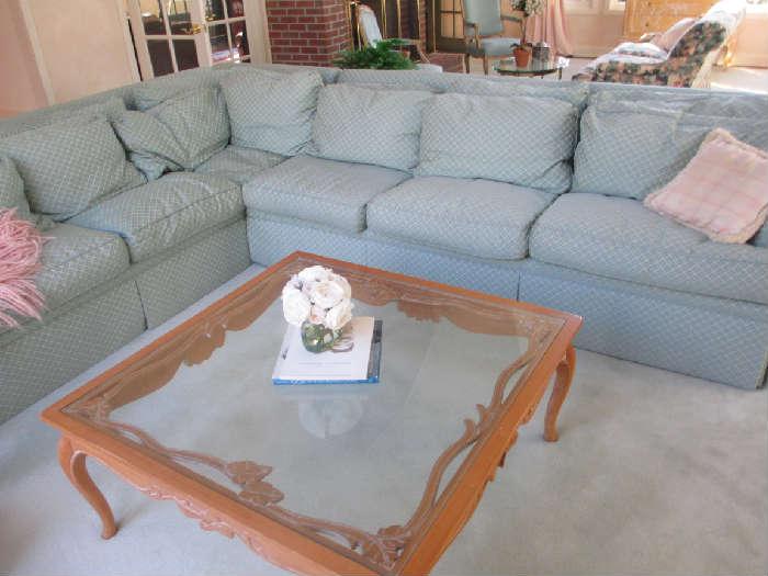 BLUE SECTIONAL SOFA AND COFFEE TABLE