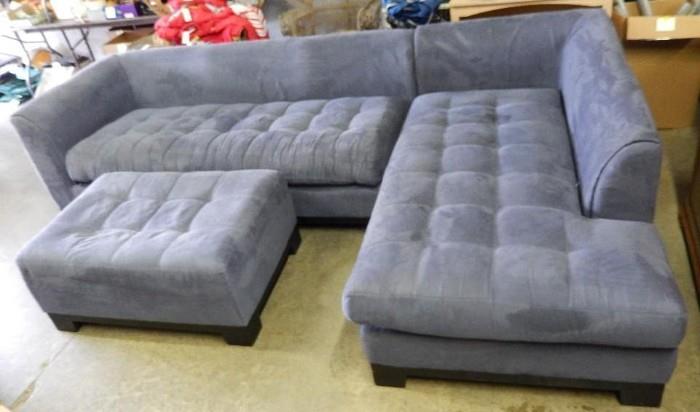 Sectional; Three piece set includes matching ottoman. The sofa is in two sections(missing connecting bolts). Cushion covers are removable for washing and have velcro. There are some minor signs of wear. Ottoman measures 18H x 41W X 29D and sofa sections 30H x 82W x 38D and 30H x 74W x 38D. Please view photos for condition.