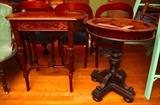 Carved walnut pedestal table stand and hand-carved oval side table.