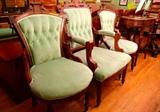 Antique 19th Century Carved Upholstered Chairs, Set of Three: Two Armless + One Armed
 
