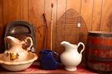 Fiesta Cobalt Blue Water Pitcher. Ironstone England Wash Basin & Pitcher 1890.   Antique riding crop.  
