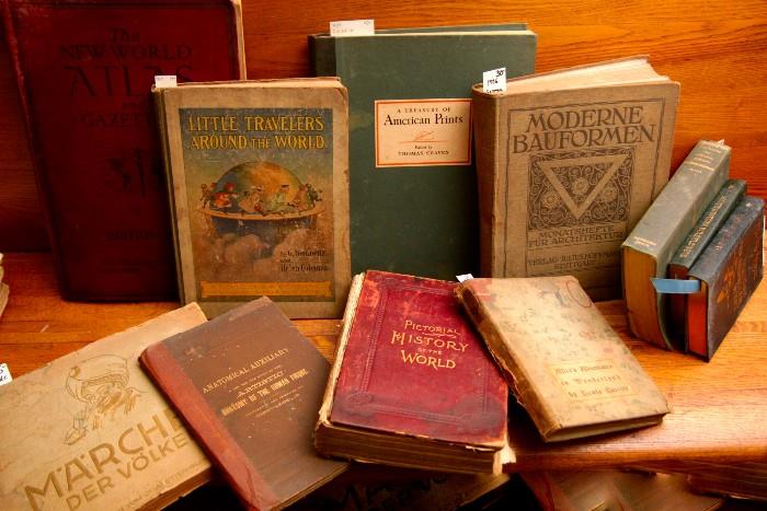 Antique Books including "The Prophet" by Kahlil Gibran, "Alice in Wonderland" and "A Pictorial History of the World"