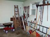 Yard tools, ladders, wagon, wheel barrow