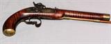 Lot#27, SINGLE SHOT, KENTUCKY PERCUSSION PISTOL, L 9 1/2" BBL,Approximately .28 Cal., 9 1/2'' barrel length completely unmarked. Curly maple stock, wood ramrod, very distinctive curved brass trigger guard, brass ram rod rings, butt plate and end cap at muzzle. C-1830-1850.