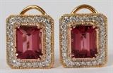 Lot#64, 14 KT YELLOW GOLD, NATURAL PINK TOURMALINE & DIAMOND CLUSTER EARRINGS,14 kt yellow gold squared cluster earrings, with natural pink tourmaline centers, weighing 5.26 carats total, surrounded by diamonds, with a total weight of 1.02 carats. The diamonds have a G-color, VS-2 clarity rating. The total weight of the earrings are 9.8gms.
