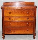 Lot#92, AMERICAN CHERRY CHEST OF DRAWERS, C 1850 H 47", W 43", D 19"back splash across the back of top, four full width drawers of various heights; half round spindles flanking the drawers. Turned button pulls on drawers.