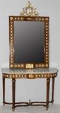 Lot#177, FRENCH, MAHOGANY AND MARBLE TOP, CONSOLE AND MIRROR, 50" X 30", 2 PCS. H CONSOLE, 29", W 41", D 14"French, mahogany console, 29" H. x 41" W. x 14" D. having marble top, fluted and tapered legs, contoured stretchers, adorned with Sevres type medallions and Dore bronze trim and feet; mirror measures, 50" x 30", with Dore bronze crest, bevel glass, Sevres type medallions on the mahogany frame,