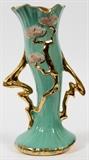 Lot#234, ROSEVILLE, HAND-PAINTED POTTERY VASE, H 12.5", L 7"tree trunk motif having a light green ground with fired gold accents and pink flowers.