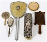 Lot#245, DRESSER SET, HAND MIRRORS, BRUSHES, ETC., 6 PCS,One large Sterling silver, clothes brush, one small hair brush, one large hand mirror, one small hand mirror, one small compact, and one rectangular hand mirror.