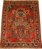 Lot#317, ANTIQUE PERSIAN, KASHAN PRAYER RUG, 18'' X 24", HAND WOVEN WOOL,having three borders, orange ground with birds, floral bouquet in a vase; two upper corner brackets in navy. Primary border is navy color, having floral designs.u