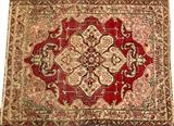 Lot#318, ANTIQUE, KERMAN PERSIAN RUG, 2" X 1'5", HAND WOVEN WOOL,having two borders, red ground, with a central diamond shape floral medallion. Beige floral corner brackets.