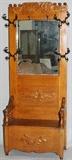 Lot#356, ANTIQUE OAK HALL TREE WITH MIRROR 19OO C H 80" W 32" D 15 1/2"ATTACHED BENCH