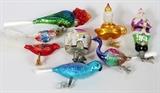 Lot#399, RADKO CLIP ON GLASS HOLIDAY ORNAMENTS, EIGHT, H 3" - 6"Five various chicks, One elephant, One Lantern, and One Santa.