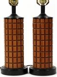 Lot#435, VINTAGE MID-CENTURY MODERN, TEAK WOOD TABLE LAMPS, PAIR, H 23" BASE 37" W/SHADE,having sculptural teak wood cylindrical bodies with checker board designs. Black round base. Burlap shades;