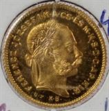 Lot#446, HUNGARIAN, 1870 GOLD COIN, CROWNED SHIELD/PORTRAIT, MS-63,Nice Detail. 10 fr. / 4 fr.