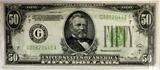 Lot#472, U.S. $50.00 FEDERAL RESERVE NOTE, 1934 UNUSED, G-00820448-A,United States Federal Reserve Note, $50.00 denomination paper note, 1934, Serial Number, G - 00820448 - A.