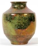 Lot#1001, PEWABIC IRIDESCENT POTTERY VASE, H 5", DIA 4"Having a yellow iridescent glaze; impressed "Pewabic Detroit" (see additional photo).