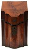 Lot#1010, GEORGE III MAHOGANY KNIFE BOX, 18TH C., H 12", W 8", D 9"The angled and hinged lid opens to slotted interior. Having line inlaid edges on exterior and interior.