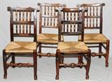 Lot#1015, ENGLISH OAK SIDE CHAIRS, FIVE.With rush seats, and double arcade of spindles on backs.