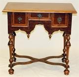 Lot#1016, WILLIAM & MARY STYLE WALNUT LOWBOY, H 30", W 31", D 18"Fitted with three drawers and satinwood inlay, raised on turned supports joined by stretchers.