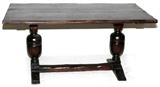 Lot#1018, ENGLISH OAK TRESTLE TABLE, 18TH C., H 29", L 60", D 32"Having a plank, two board top. Two urn form pedestals joined by floor stretcher.