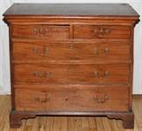 Lot#1019, GEORGIAN MAHOGANY CHEST OF DRAWERS, H 37", W 39", D 20"Fitted with two half-width drawers above three full-width drawers of graduated size, raised on bracket feet. Measures H.37 1/2" x 39" x 20 1/2".