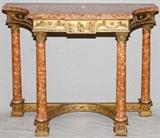 Lot#1023, NEOCLASSICAL STYLE CONSOLE WITH MARBLE TOP, H 39", W 47", D 18"Shaped marble top raised on four wood columnar supports with marbled finish, joined by stretchers.