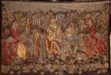 Lot#1055, ENGLISH NEEDLEWORK TAPESTRY, C. 1800, 72" X 103"Depicting knights and maidens gathered in the forest.