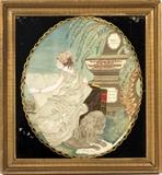 Lot#1056, 'EMBLEM OF AMERICA' SILK EMBROIDERY, 1808, LONDONDERRY, NEW HAMPSHIRE, 12" X 10"Embroidered by Miss Elizabeth Miltimore of Londonderry, New Hampshire. Depicting goddess of liberty holding Constitution, tomb of Washington with cypress trees. Framed.