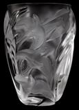 Lot#1059,LALIQUE 'MARTINETS' FROSTED GLASS VASE, H 9 1/2"Molded and frosted glass vase with swallows in flight overall, signed and dated at the base (see additional photo).