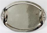 Lot#1081, TANGO ACEVES, MEXICAN STERLING TRAY, L 23"An oval sterling silver tray with pierced blossom handles in the Danish taste, raised on four scroll feet; stamped at the underside of the rim "San Francisco Sterling 925 Aceves Mexico" with eagle mark (see additional photo). Weighs approximately 89.2 troy oz.