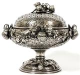 Lot#1093, ORNATE SILVERPLATE RETICULATED STRAWBERRY COMPOTE, 1905, H 10 1/2", W 11"On a pedestal base, with an all-over raised leaf and strawberry decoration. Engraved inscription underneath, "In cherished memory of a lovely day, Calcutta Fort, Monday April 4th, 1905" (see additional photo).