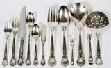 Lot#1098, GORHAM 'CHANTILLY' STERLING FLATWARE SET, 85 PIECES..Sterling silver set includes 12 place knives, L.9 1/2", 12 place forks, L.7 1/2", 4 luncheon knives, L.8 7/8", 4 luncheon forks, L.7", 12 salad forks, 8 flat butter spreaders, 13 teaspoons, and 10 iced tea spoons, as well as 1 cream soup spoon, 2 serving spoons, L.8 1/2", 1 cold meat fork, 1 preserve spoon, L.8 3/4", 1 pierced tomato server, 1 sugar shell spoon, 1 lemon fork, 1 sugar tongs, and 1 hollow handle butter knife. Totaling approximately 88.9 troy oz. weighable.