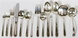 Lot#1099, TOWLE 'CANDLELIGHT' STERLING FLATWARE SET, 147 PIECES..Sterling silver set includes 20 place knives, L.8 1/2"-8 3/4", 20 place forks, L.7 1/4", 28 salad/dessert forks, 12 cream soup spoons, L.6 1/4", 7 cocktail forks, 14 butter spreaders, and 37 teaspoons, as well as 1 cold meat fork, 2 serving spoons, L.8 1/4", 1 pierced serving spoon, 1 gravy ladle, 1 tomato server, 1 sugar spoon, 1 pickle fork, and 1 cheese server, L.6 3/4". Totaling approximately 148.8 troy oz. weighable.