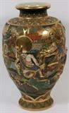 Lot#1126, JAPANESE SATSUMA EARTHENWARE VASE, C. 19TH C., H 18", DIA 9 1/2"Having dragon, figures, and portions of the landscape in high relief. Finely hand painted detailing, with embossed gilt and enamel. Circa 19th Century. Signed on bottom (see additional photo).