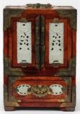 Lot#1140, CHINESE WOOD JEWEL BOX, H 9", W 7"Chinese wood jewel box with hard stone inlaid plaques. Measures H. 9 1/2" x W. 7".