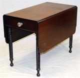 Lot#1227, MAHOGANY DROP-LEAF TABLE, C. 1870, H 28", W 20", L 38"Mahogany drop leaf table, with spiral turned legs. Leaves at 16" opens to 60".
