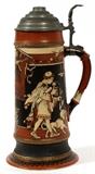 Lot#1287, VILLEROY & BOCH, METTLACH POTTERY ETCHED STEIN, #2193, H 15"Pewter lid and thumb lift. Three litre. Etruscan style. Designed by H. Schlitt. Etched. Rathskeller scene with maidens.