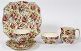 Lot#1353, ROYAL WINTON 'CHINTZ' PORCELAIN LUNCHEON WARE, 13 PIECES,Including 4 square plates, 3 cups, 4 saucers, 1 creamer and 1 sugar bowl.