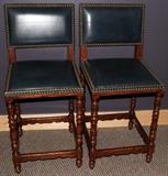 Lot#1448, MINTON-SPIDELL INC. OAK & BLUE LEATHER UPHOLSTERED BAR STOOLS, PAIR, H 40"With nail head trim; Minton-Spidell, Inc. label at the underside. Seats are 24 1/2" high.