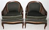 Lot#1453, FRENCH STYLE WALNUT BERGERES, PAIR,Each has an upholstered back and loose seat cushion flanked by cane-inset arms.