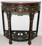 Lot#1459, CHINESE GREEN & RED LACQUER DEMI LUNE TABLE, H 34", W 33", D 17"Measures H.34" x 33 1/2" x 16 3/4".