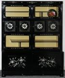 Lot#1465, CHINESE BLACK LACQUER & MOTHER-OF-PEARL DISPLAY CABINET, H 71", W 59", D 7 1/2"Black lacquer with ornate mother-of-pearl floral inlay.