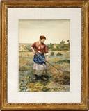 Lot#2004, DANIEL RIDGWAY KNIGHT (1839-1924), WATERCOLOR ON PAPER, 13" X 10"Signed and marked 'Paris' lower right, under glass, matted and framed. Daniel Ridgway Knight, American, 1839-1924.