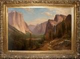 Lot#2006, RAYMOND YELLAND, OIL ON CANVAS, 1885, H 40", W 60", "YOSEMITE VALLEY"RAYMOND DABB YELLAND [American, 1848-1900]. Dated and signed lower right and again on verso, along with "1464 7th Ave. E. Oakland" written on verso. Gesso and wood frame.
