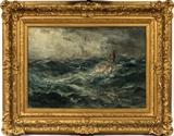 Lot#2008, ROBERT HOPKIN (AMERICAN 1832-1909), OIL ON CANVAS, H 19", W 27", ROUGH SEAS WITH ROCKS, BUOY & GUL,Signed lower right; gilt period frame marked James B. Saunders, Ann Arbor, MI; J.W. Hughes, Detroit, MI label on verso.