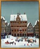 Lot#2012, MICHEL DELACROIX, OIL ON CANVAS, H 28.75", L 23.5", "LA PLACE DU MARCHÉ A TÜBINGEN"Michel Delacroix (French, B. 1933). A winter scene depicting the market place at Tubingen. Signed lower left and framed. Titled and signed Michel Delacroix Paris on the verso.