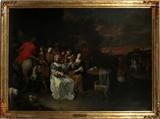 Lot#2047, DAVID RYCKAERT III (1FLEMISH 612-1661), OIL ON CANVAS, GENRE SCENE, H 38'' X W 53'',Family gathering. Unsigned; modern gilt frame. Original certificate dated Jan. 14th, 1946. Authenticated by Dr. W.R Valentiner for S. F. Aram Gallery, 71 East Seventh street, New YorK, New York.
