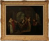 Lot#2047, DAVID RYCKAERT III (1FLEMISH 612-1661), OIL ON CANVAS, GENRE SCENE, H 38'' X W 53'',Family gathering. Unsigned; modern gilt frame. Original certificate dated Jan. 14th, 1946. Authenticated by Dr. W.R Valentiner for S. F. Aram Gallery, 71 East Seventh street, New YorK, New York.