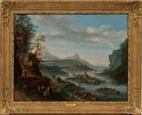Lot#2088, LOUIS CHALON (DUTCH 1687-1741), OIL ON CANVAS, 1732, "CONTINENTAL RIVER SCENE", 19" X 24"Incised signature and date ("L Chalon f 1732") lower left center; framed. Frost and Reed identification label #C171 on verso of top stretcher bar. Daniel Rees, Jackson, MI label on verso of frame.